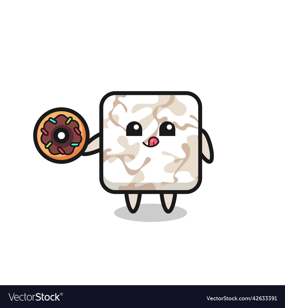 An ceramic tile character eating a doughnut