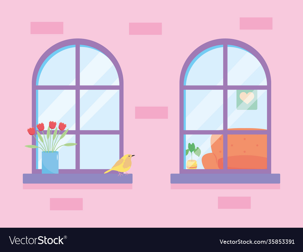 House windows with plants and bird colorful