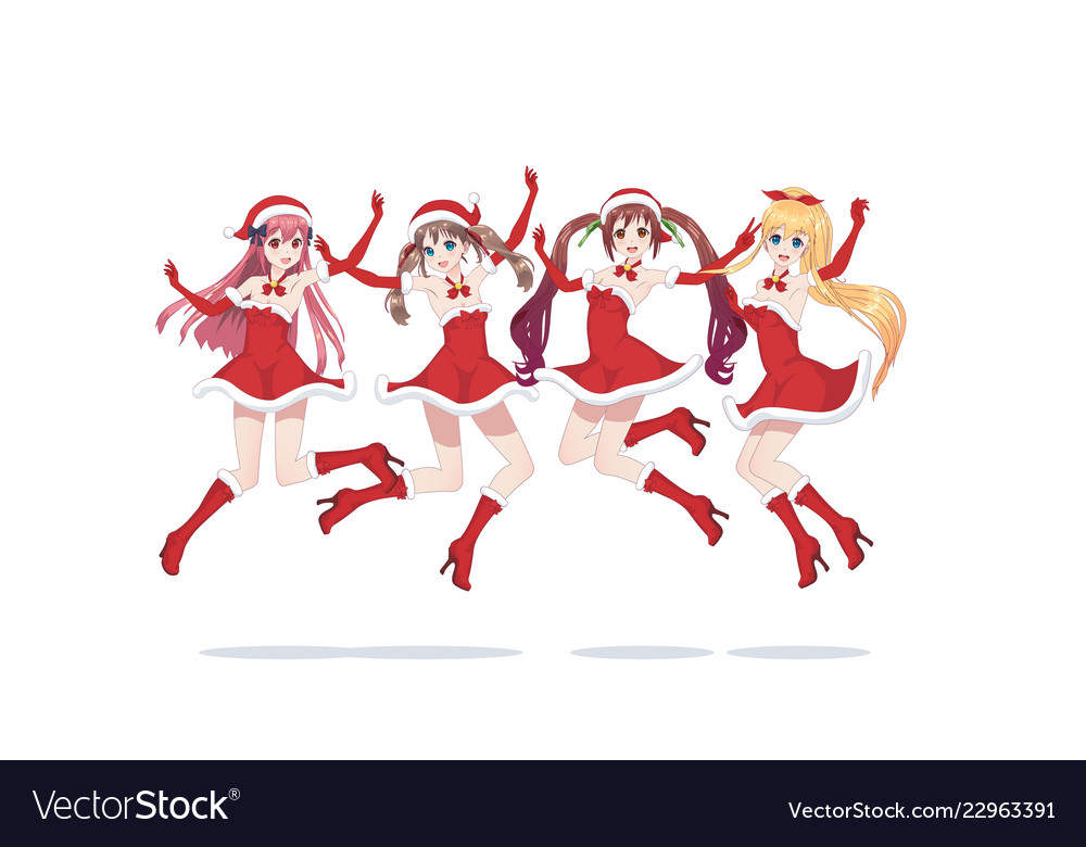 Joyful anime manga girls as santa claus in a jump