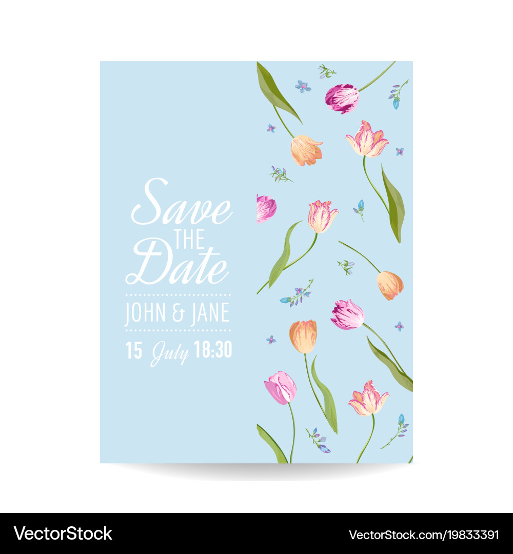 Wedding invitation card with spring tulips flowers