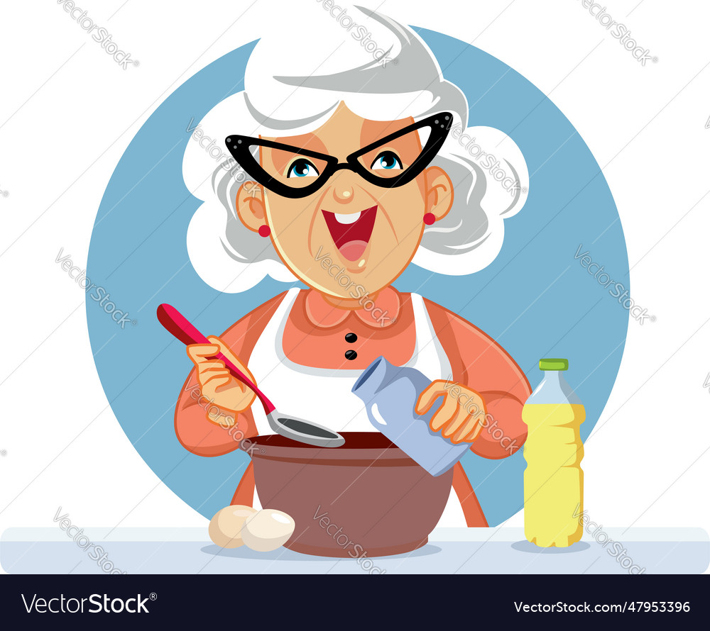 Happy grandma mixing ingredients together Vector Image