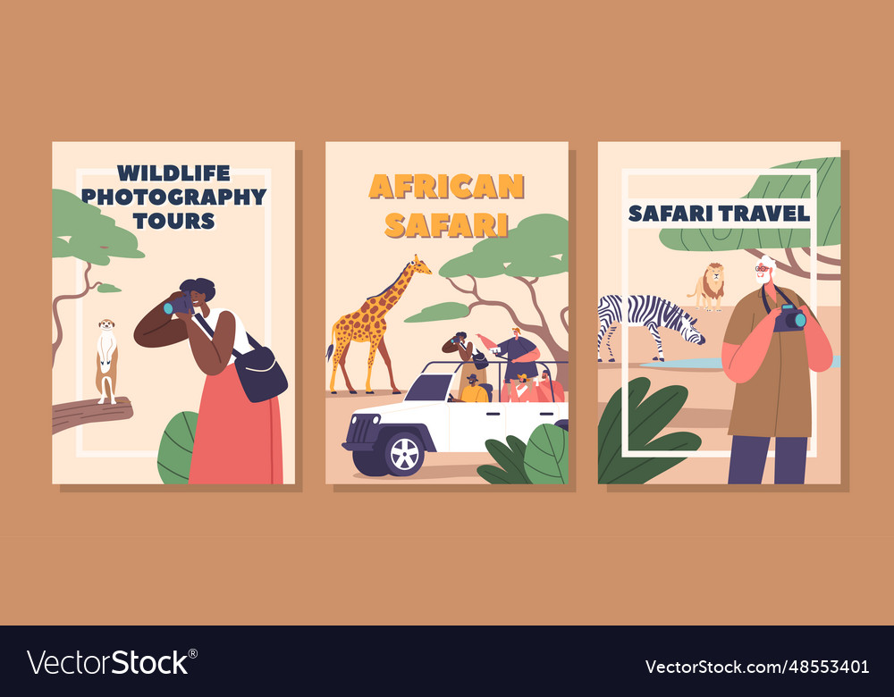 Banners with adventurous travelers explore africa