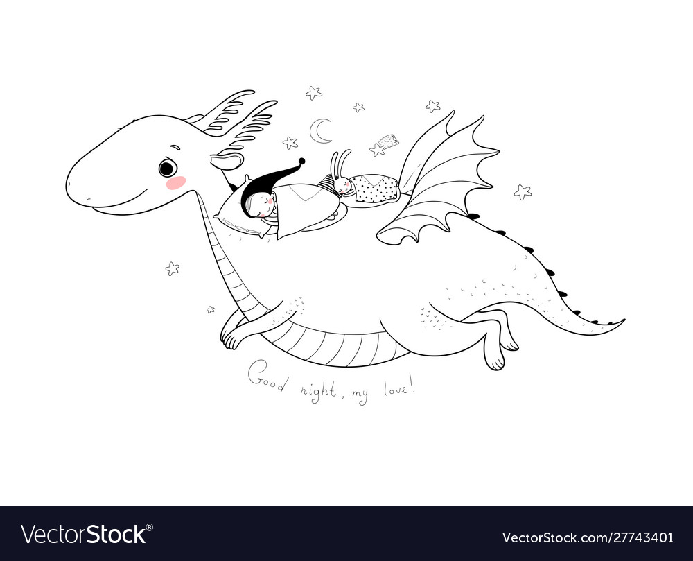 Cute cartoon gnome is flying on a dragon elf Vector Image