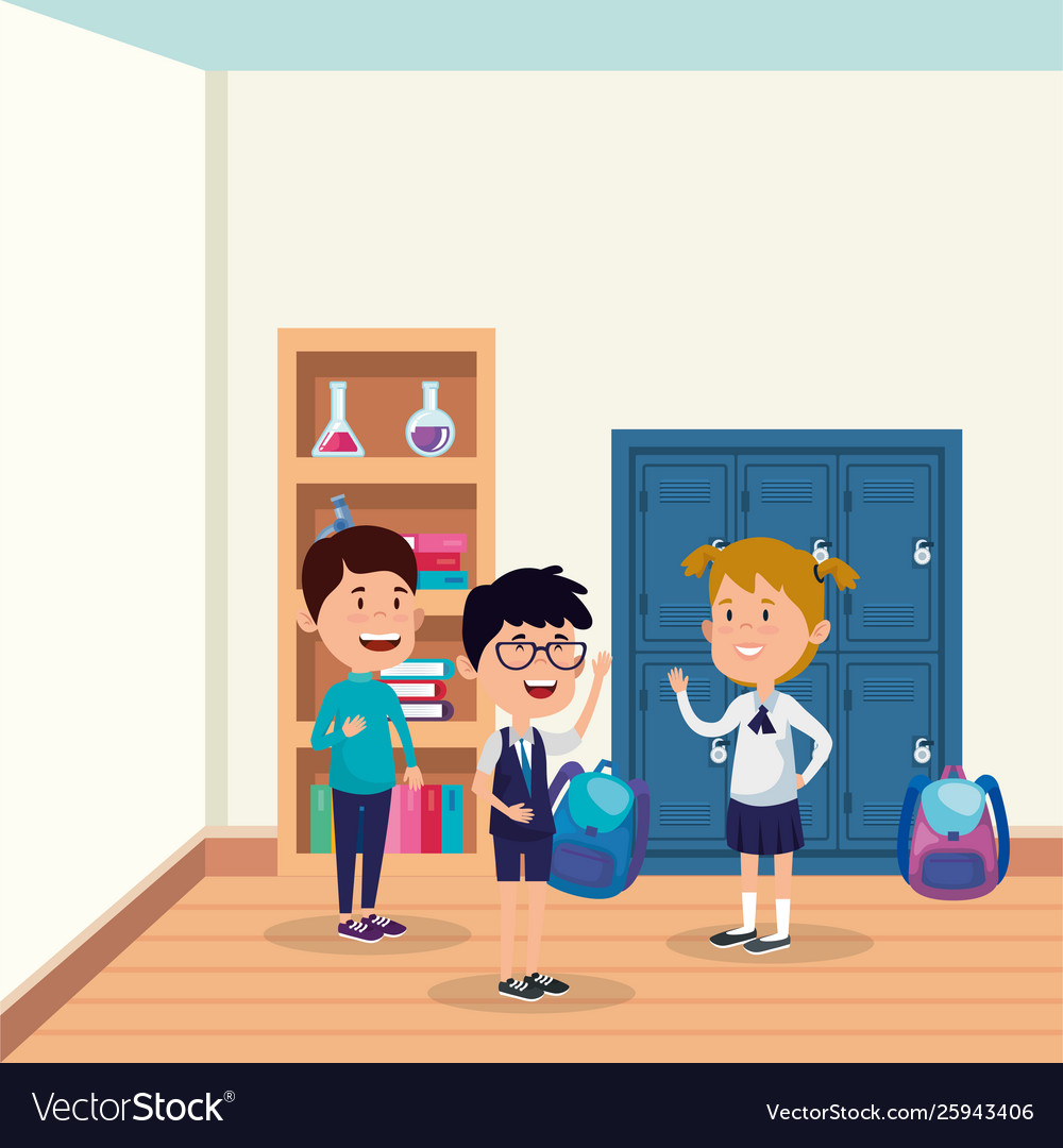 Little students group in school scene Royalty Free Vector