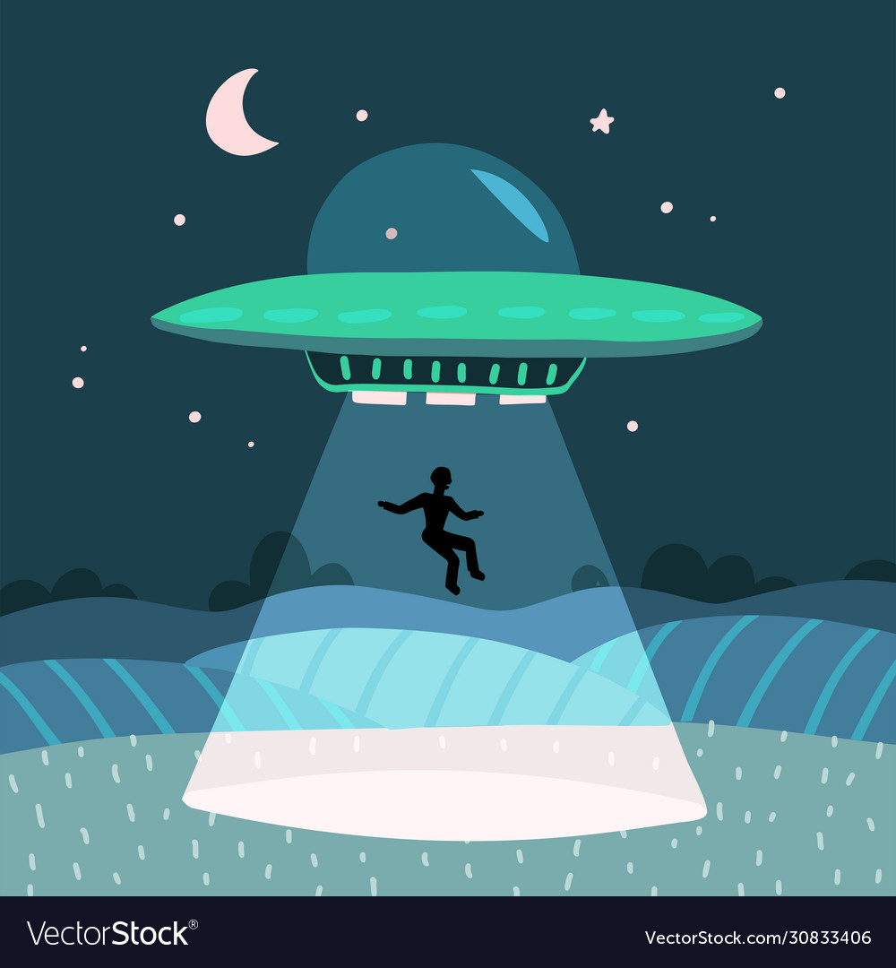 Ufo abducting a men summer night farm landscape Vector Image