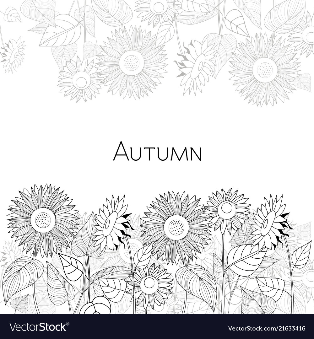 Autumn card of sunflowers black and white