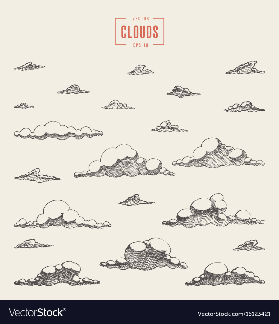 Retro clouds engraving hand drawn sketch Vector Image