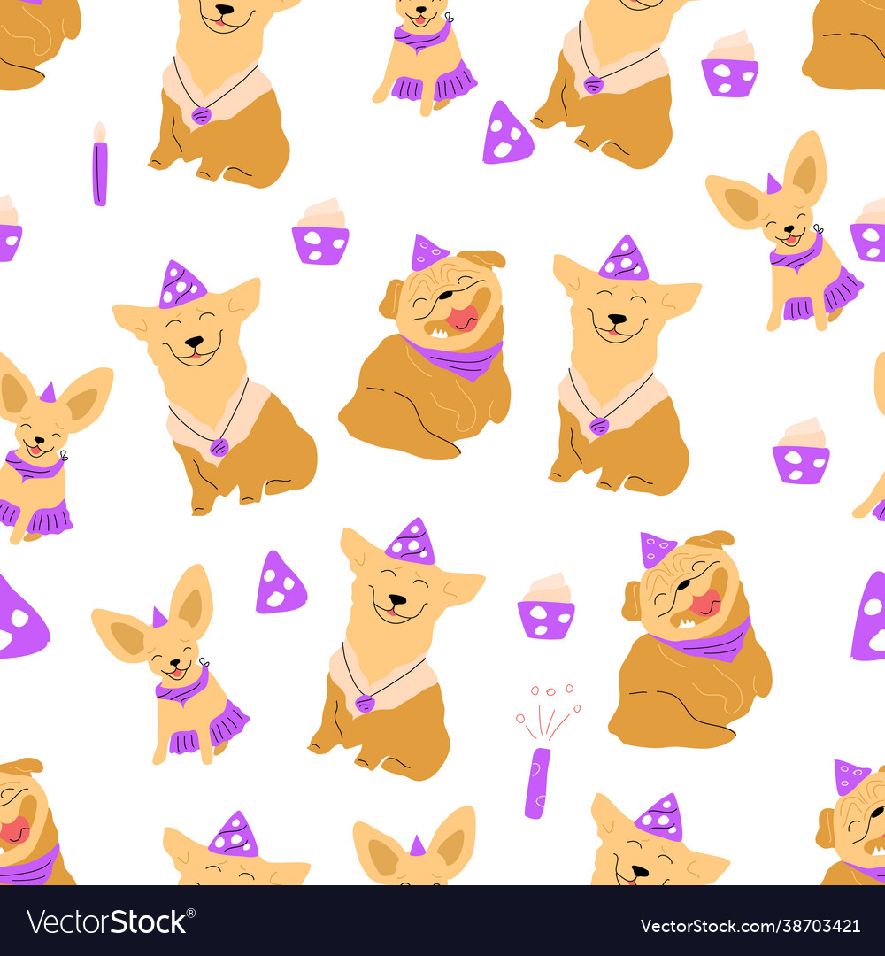 Seamless pattern with funny dogs celebrating