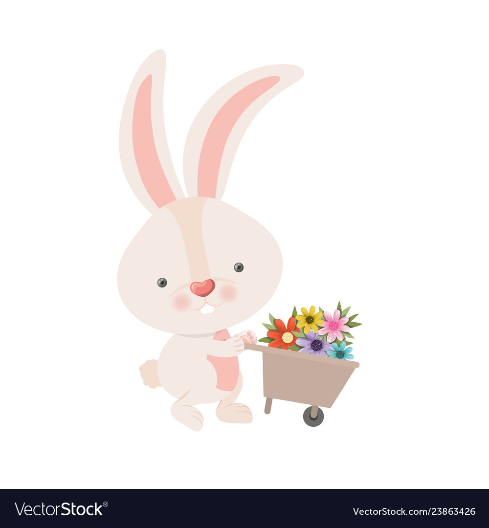 Bunny with wheelbarrow and flowers isolated icon