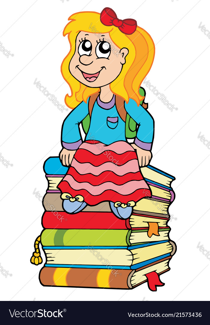 Girl sitting on pile of books