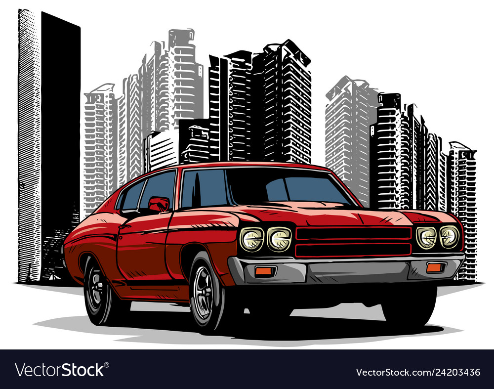 Old racing car with grunge city background