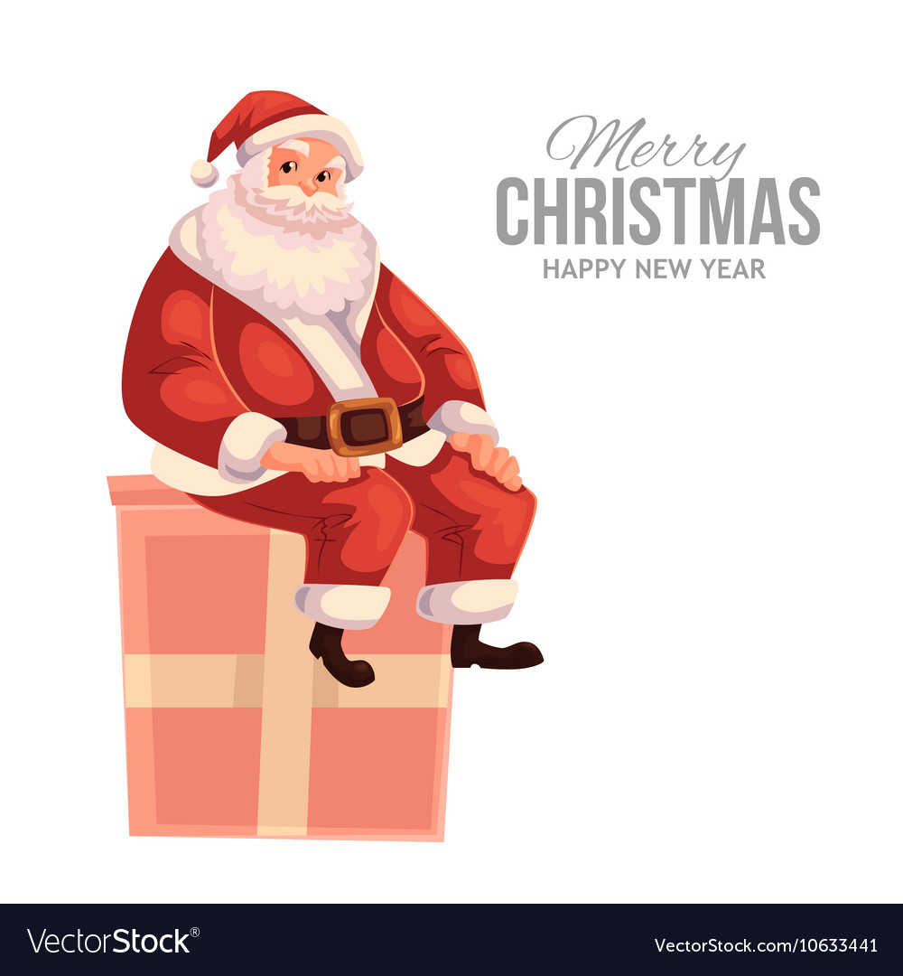 Greeting card with cartoon santa claus sitting