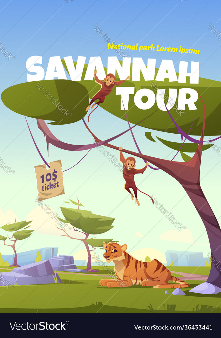 Savannah tour cartoon poster zoo park invitation Vector Image