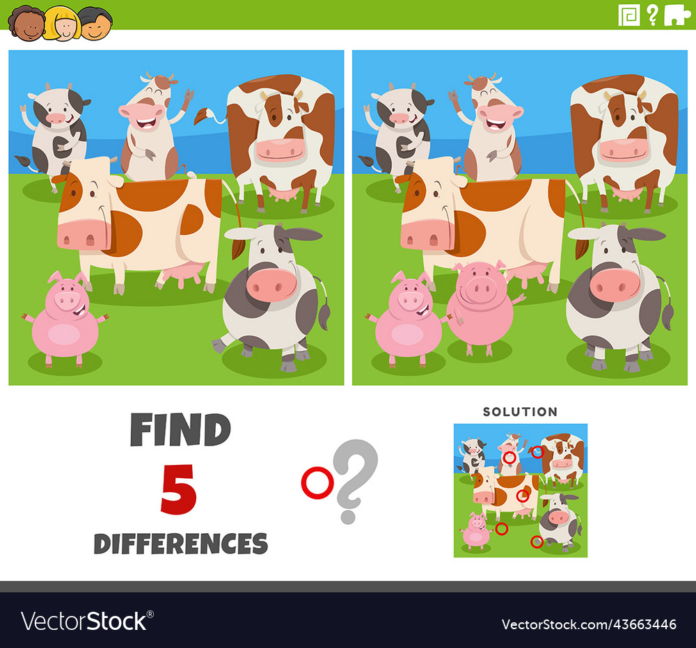 Differences game with cartoon cows and pigs farm Vector Image