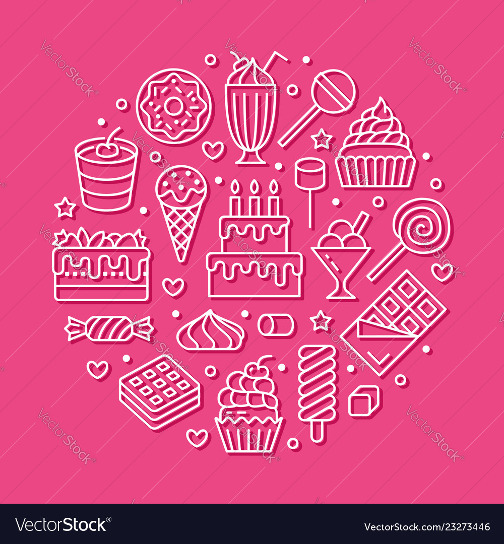 Sweet food round poster with flat line icons