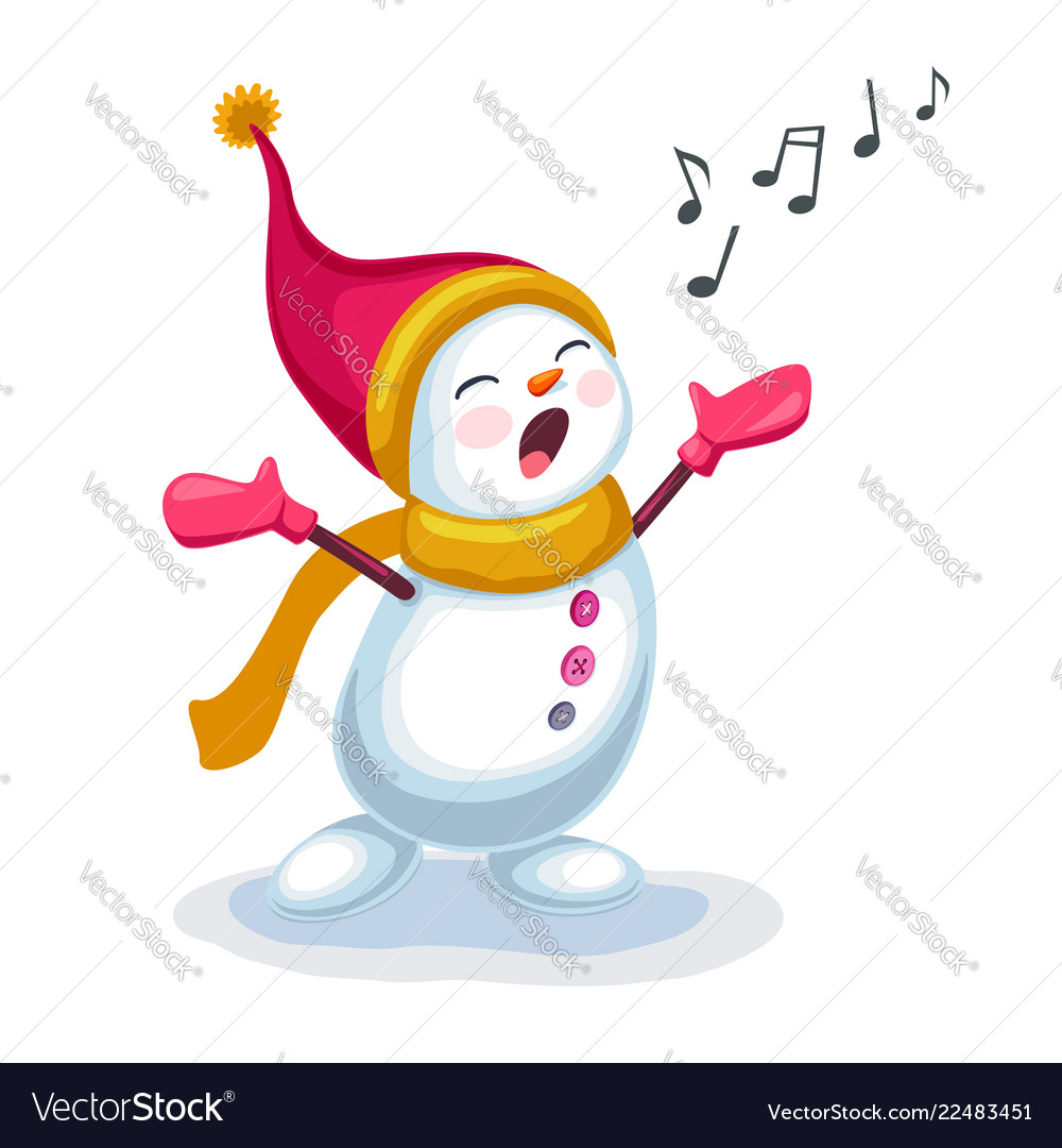 Cute snowman singing a song isolated on white Vector Image