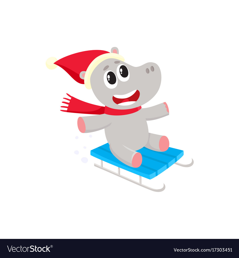 Funny hippo character riding a sled in winter