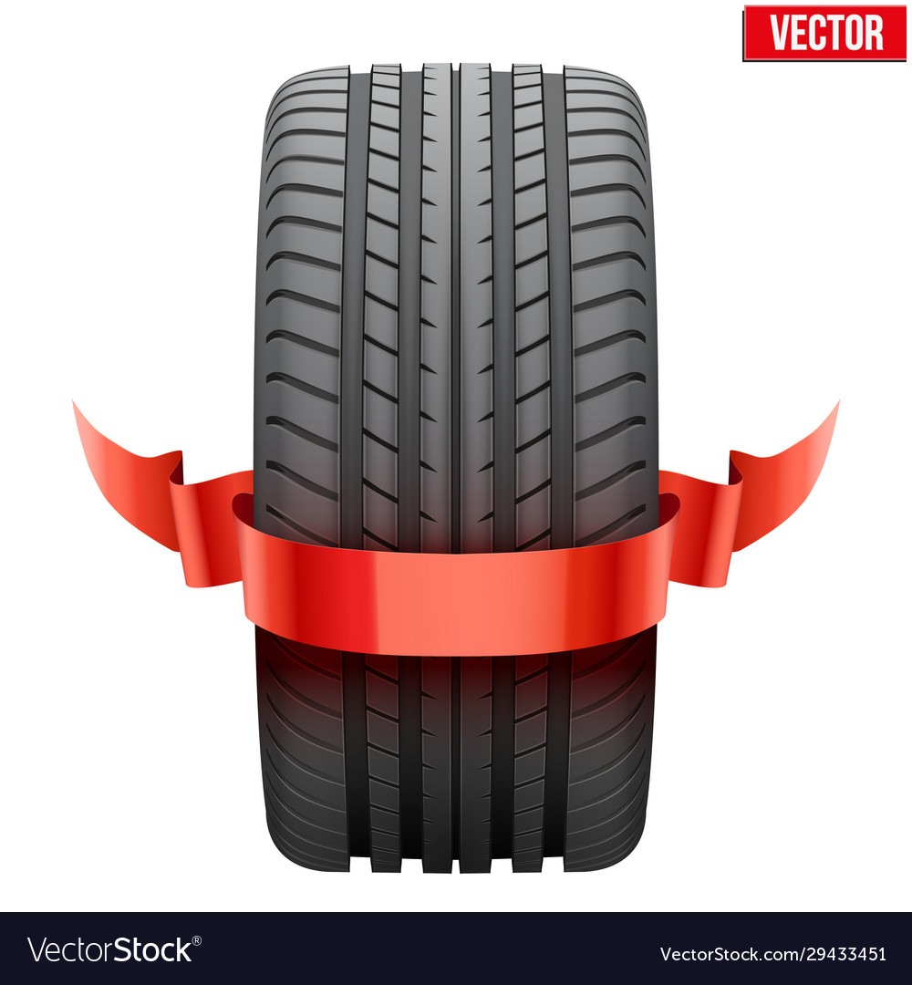 Realistic rubber tire symbol with red ribbon