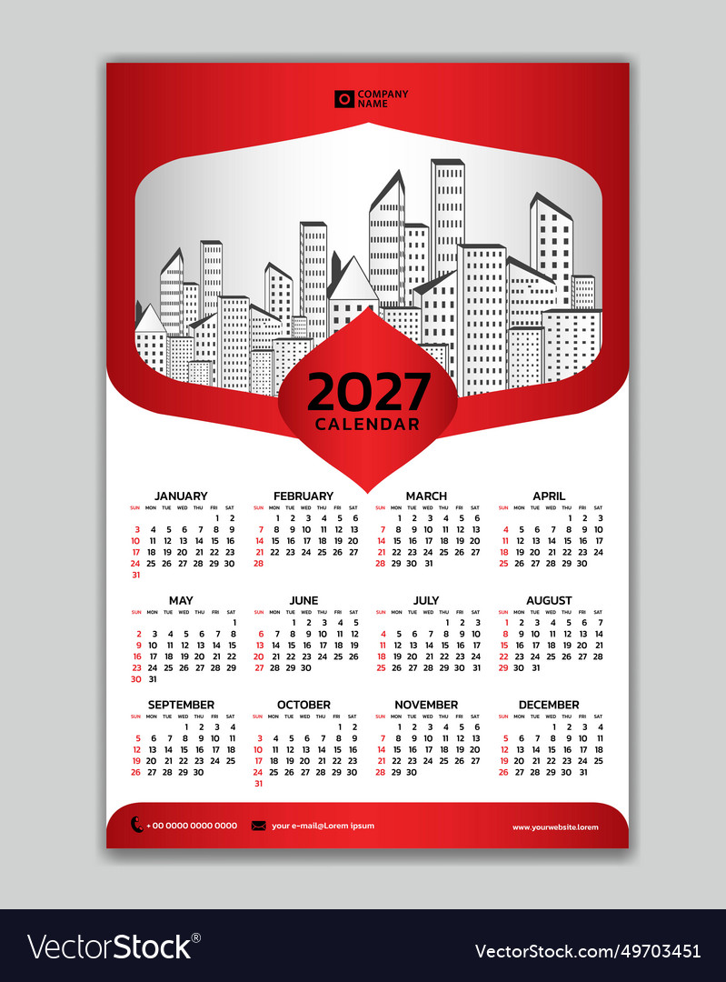 Wall calendar 2027 year red template Royalty Free Vector