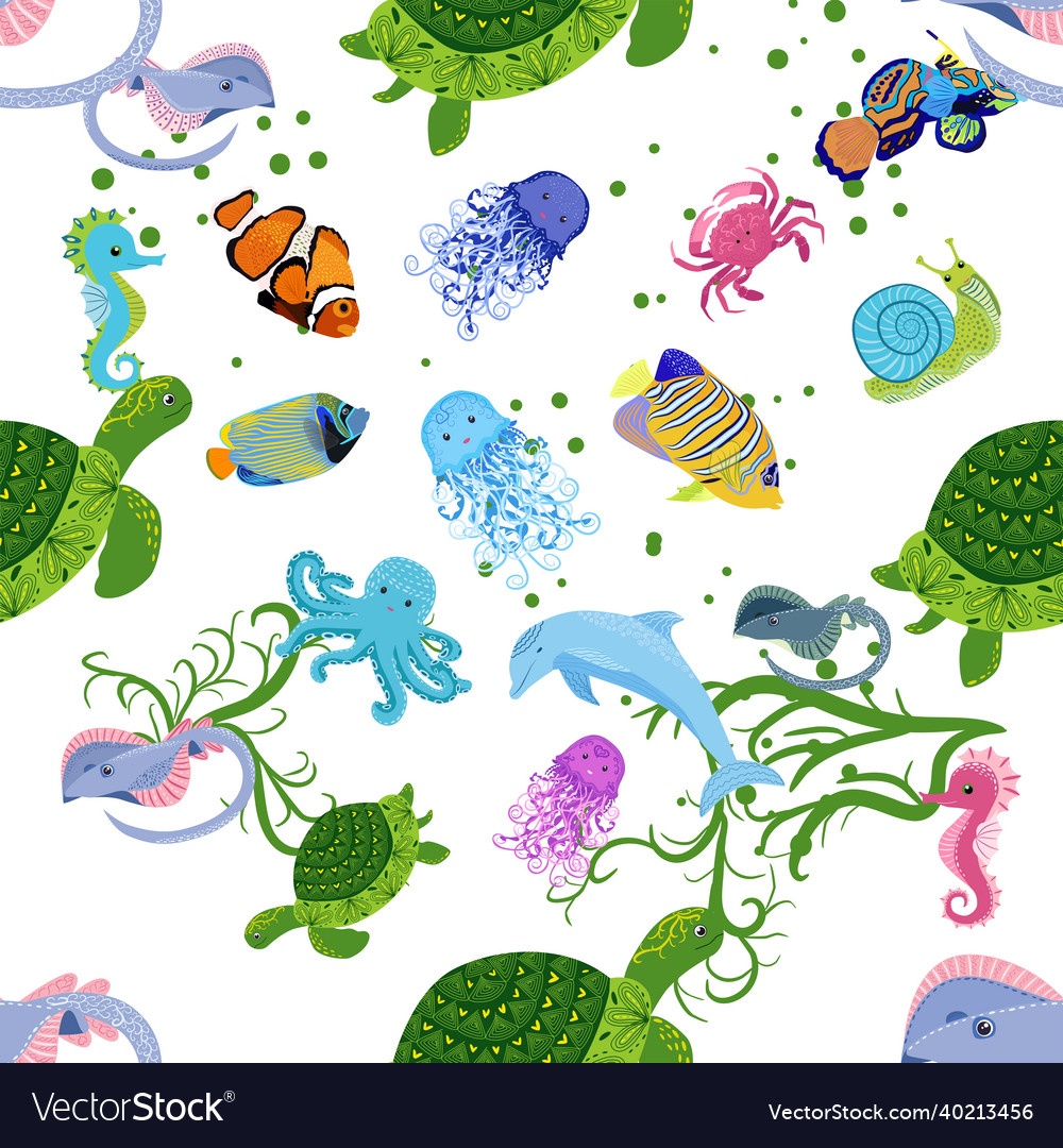 Marine life fish animals bright seamless pattern Vector Image Marine life fish animals bright seamless pattern Vector Image