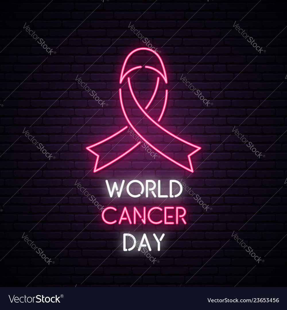 World cancer day neon sign on a dark brick wall Vector Image