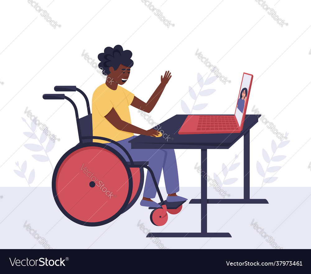 An african american disabled guy communicates