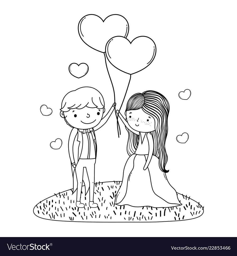 Couple marriage cute cartoon in black and white Vector Image