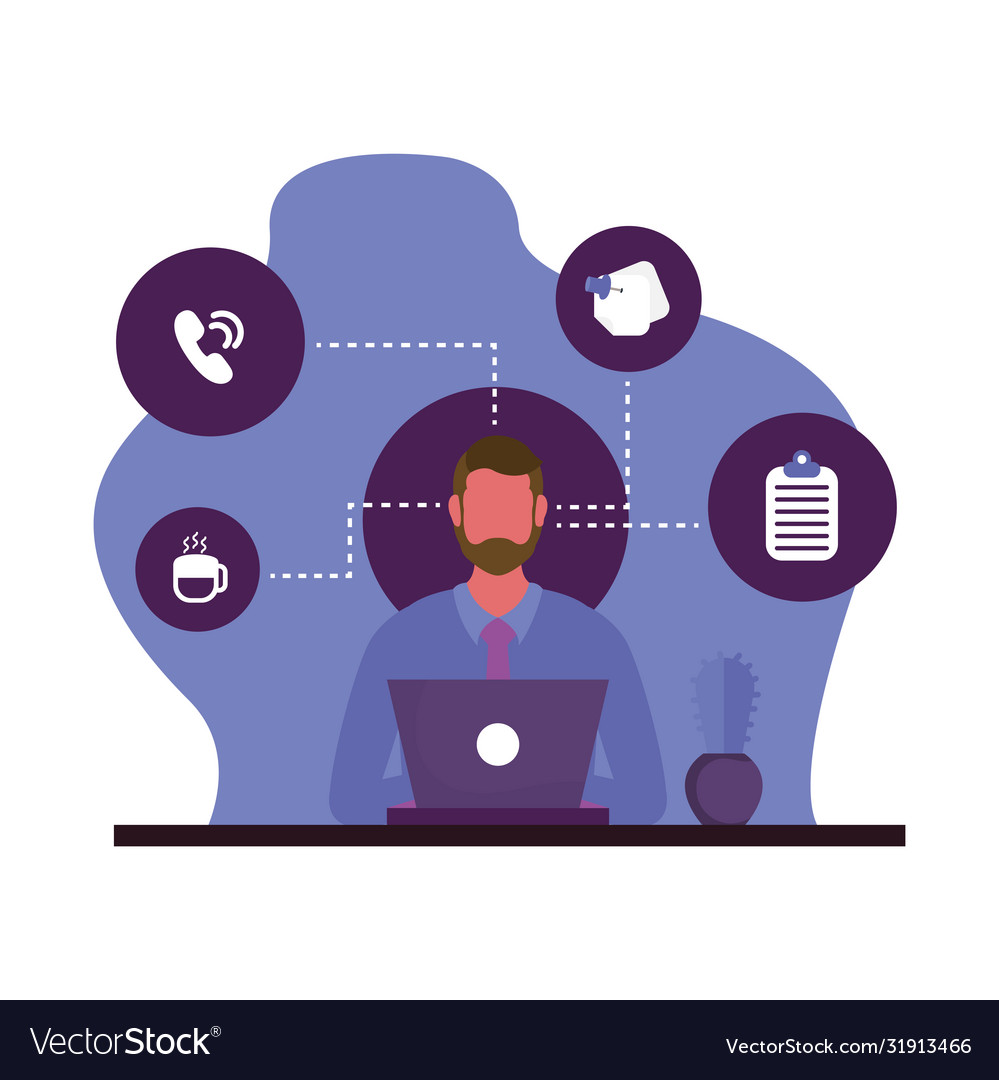 Man with laptop and icon set design