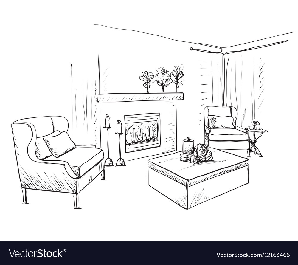 Modern interior room sketch hand drawn fireplace