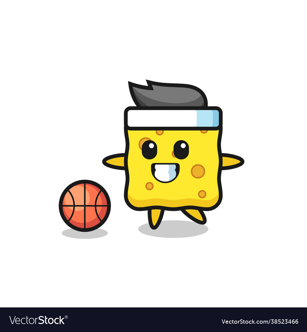 Sponge cartoon is playing basketball