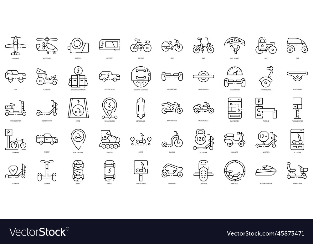 Linear style personal transport icons bundle Vector Image