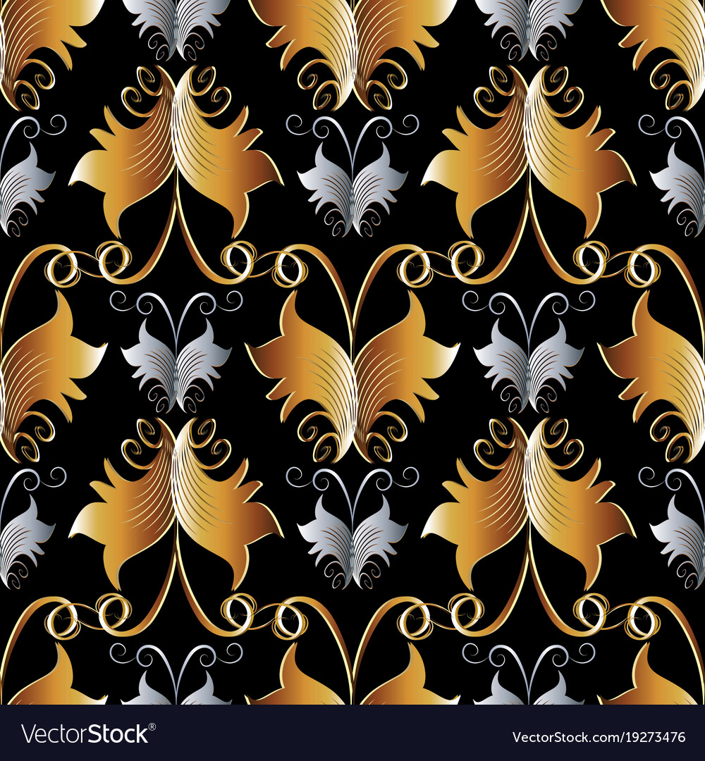 Damask floral seamless pattern black gold silver