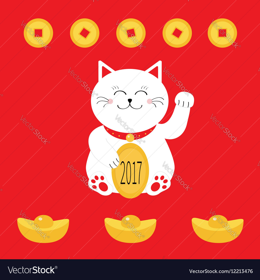 Lucky white cat sitting and holding golden coin