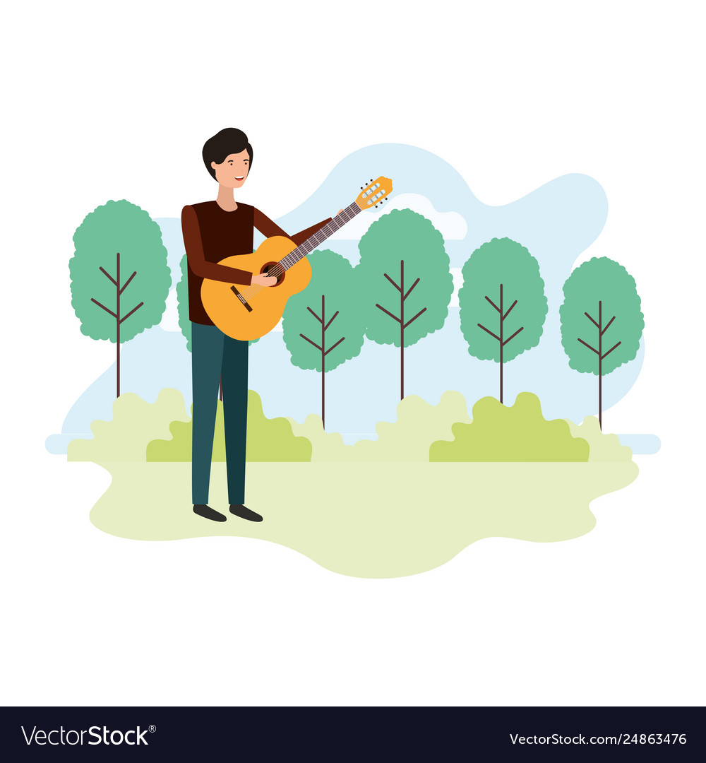 Man with guitar in landscape avatar character Vector Image
