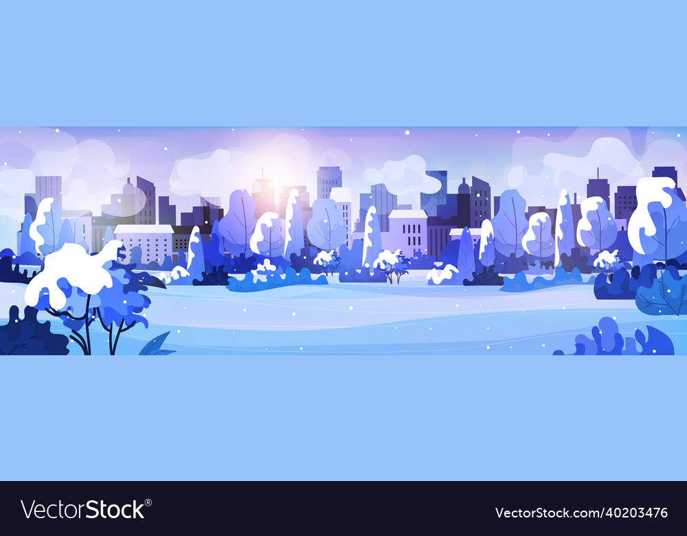 Snowy urban park cityscape background merry