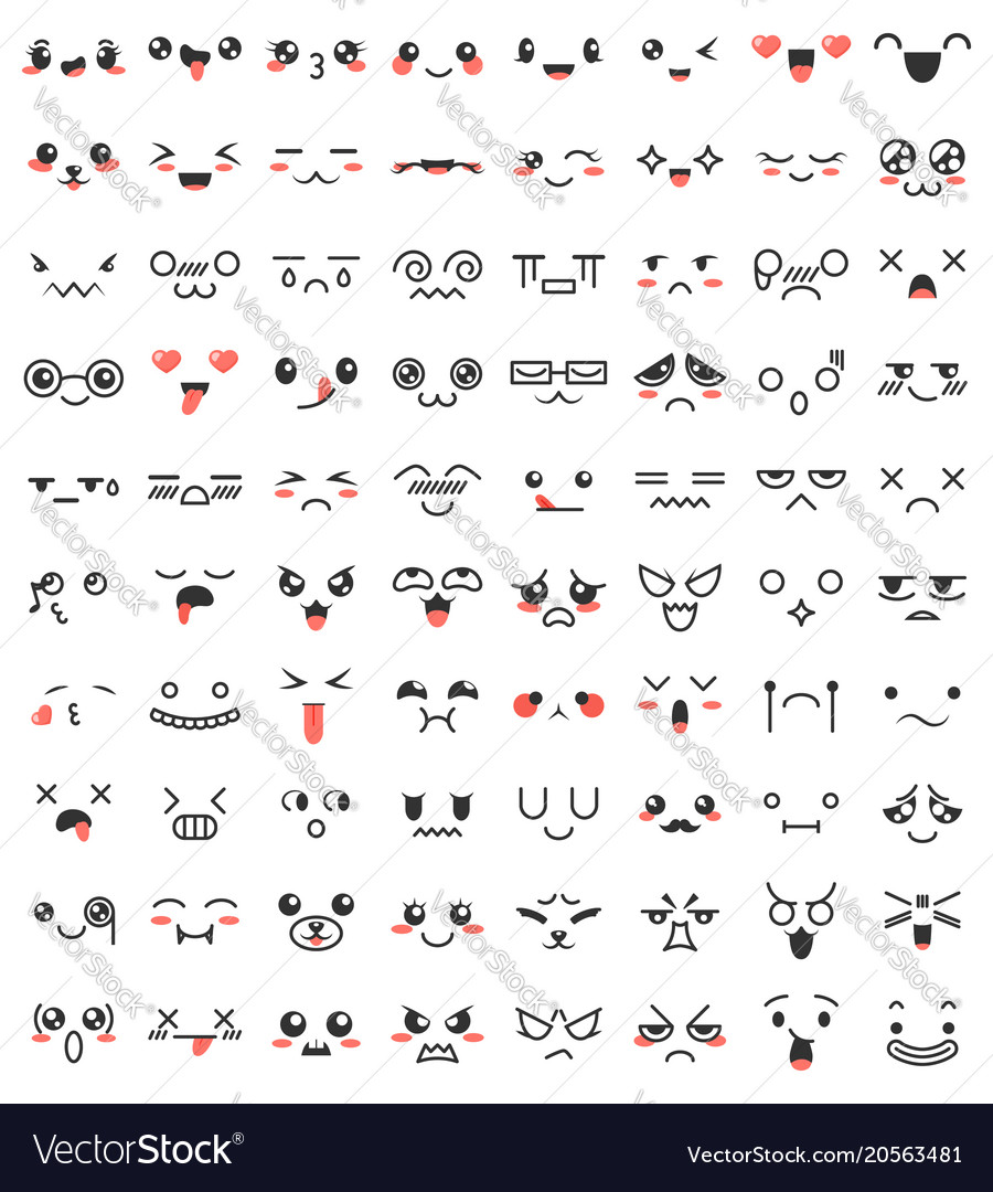 Set of kawaii faces. Collection of kawaii eyes and mouths with