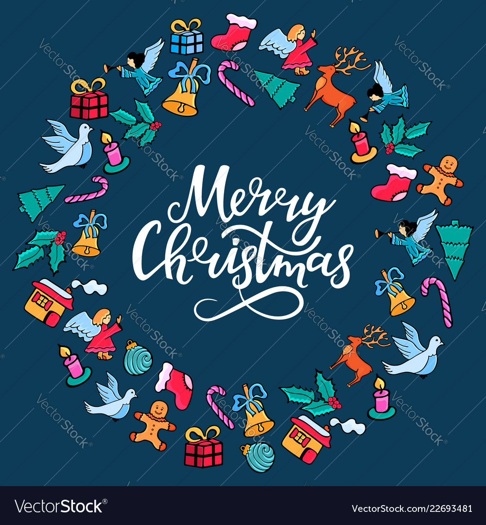 Merry Christmas Hand Lettering Festive Round Vector Image