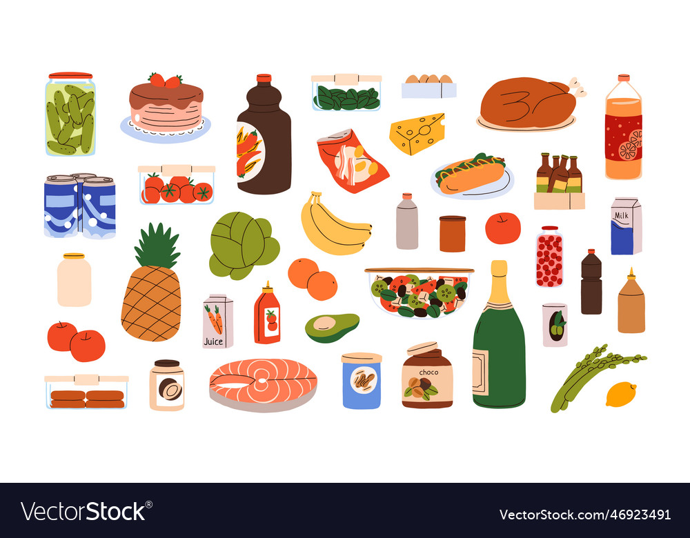 Food products and beverages set cooked dishes Vector Image