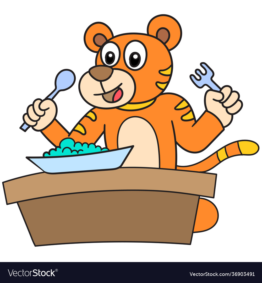 Tiger is eating with a plate on table Royalty Free Vector Tiger is eating with a plate on table Royalty Free Vector