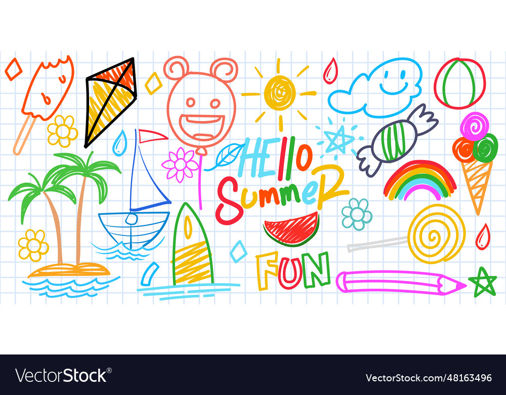 Summer funny hand drawn symbols set fruits ice