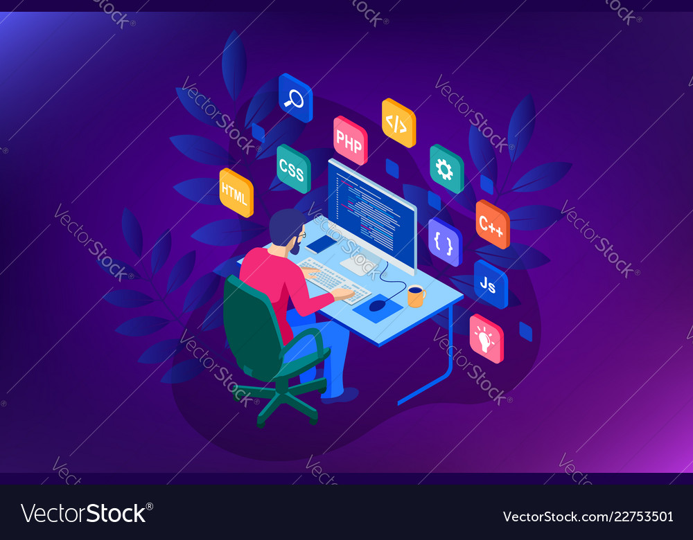 Isometric developing programming and coding Vector Image