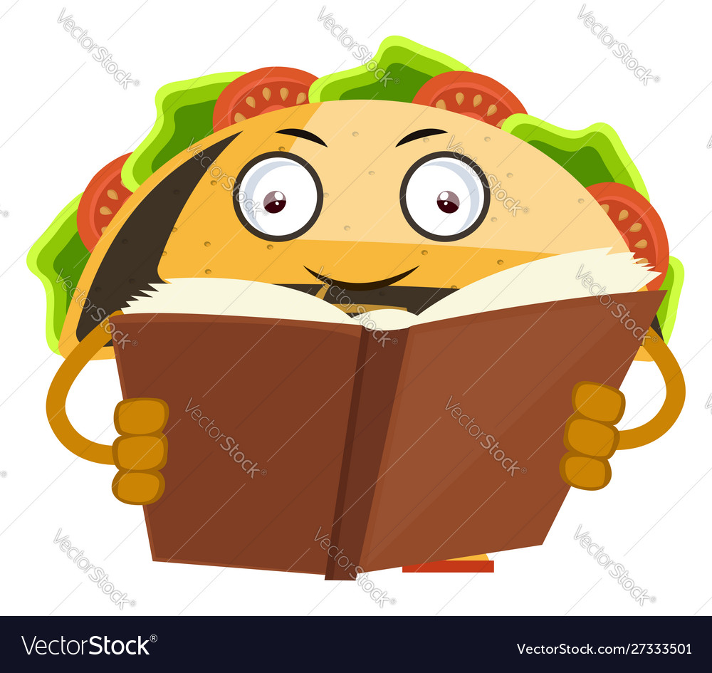 Taco reading book on white background Royalty Free Vector