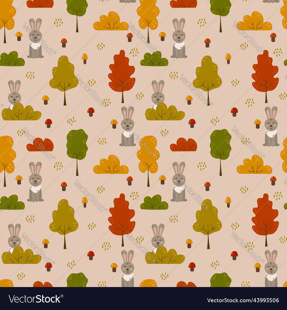 Seamless pattern with rabbits mushrooms trees