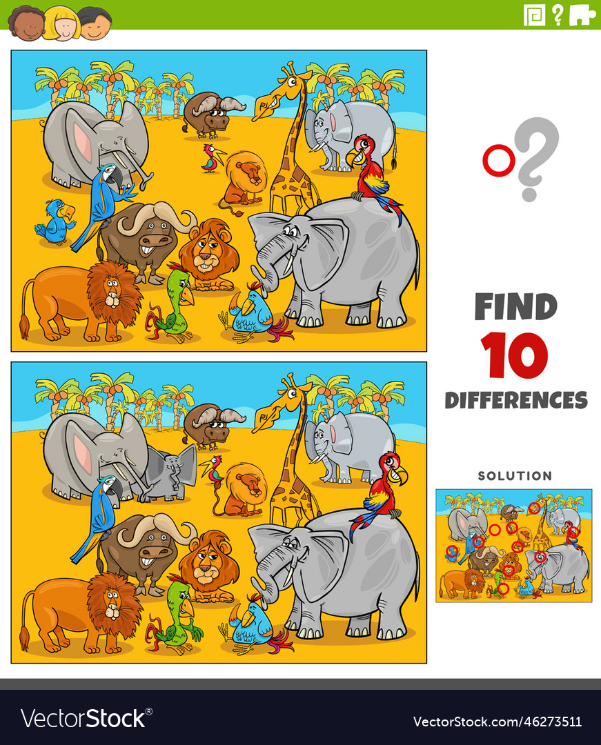 Differences game with cartoon safari animal Vector Image