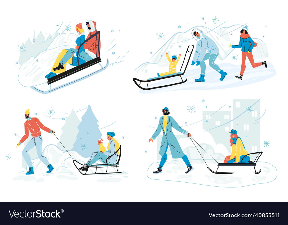 Happy people sliding on sleigh isolated set Vector Image