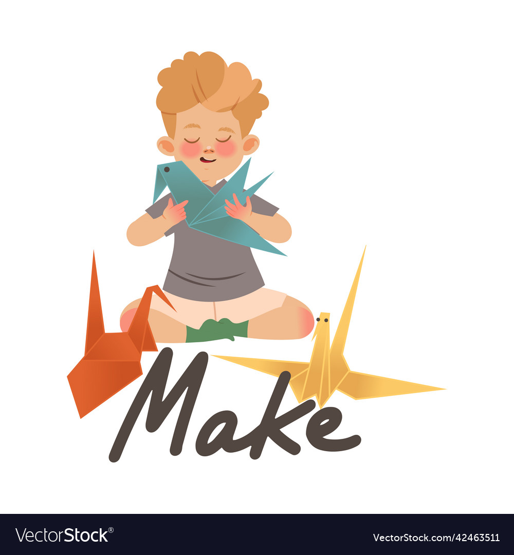 Little boy making origami folding paper as verb Vector Image