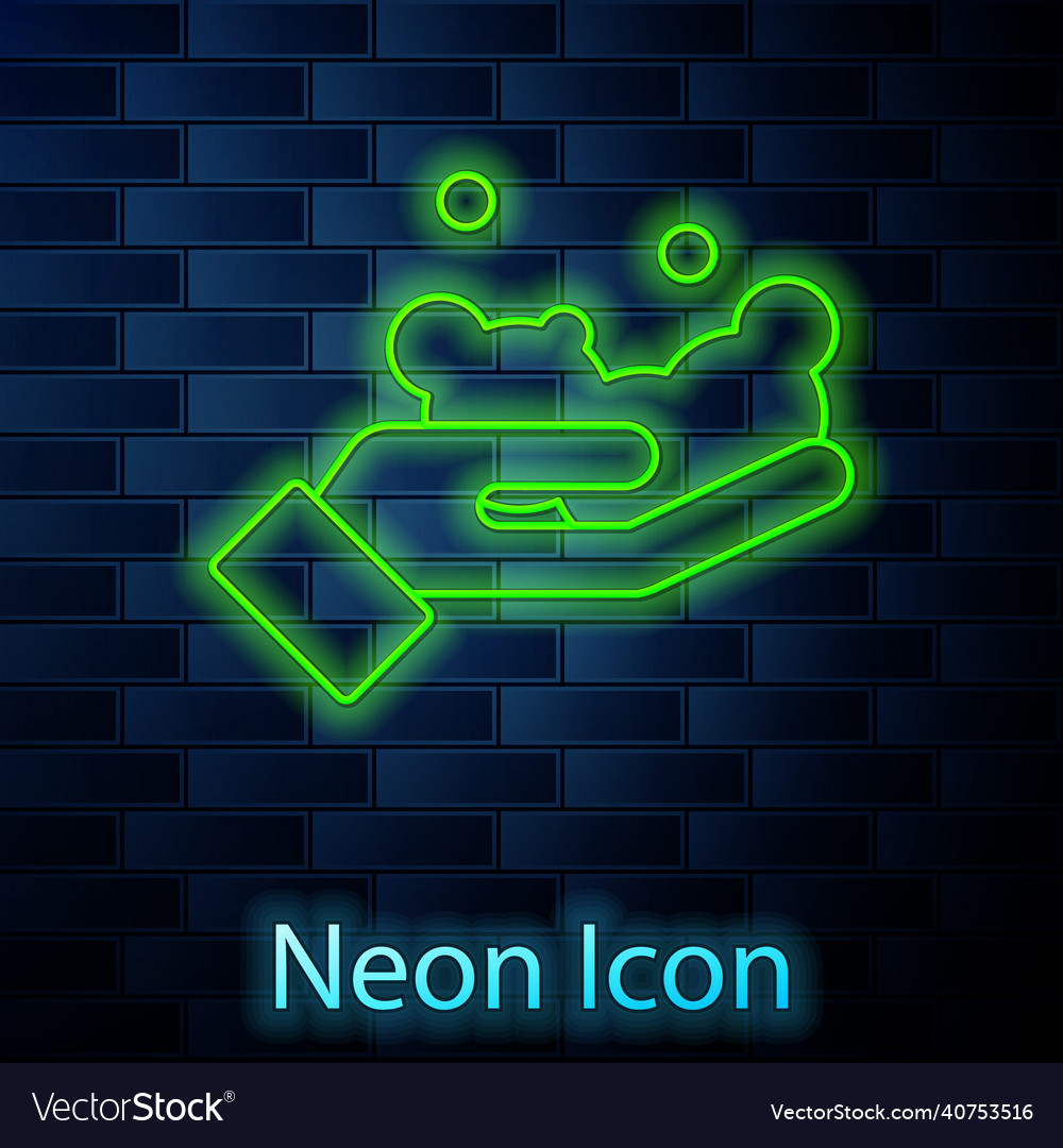 Glowing neon line washing hands with soap icon