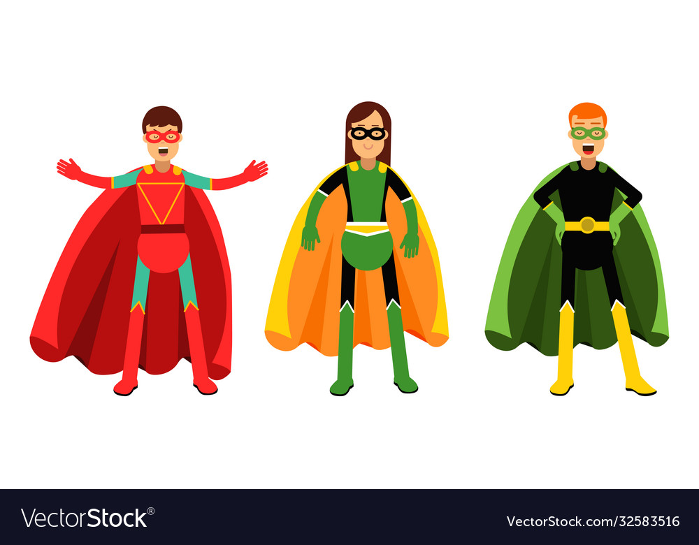 Man and woman characters in superhero costumes