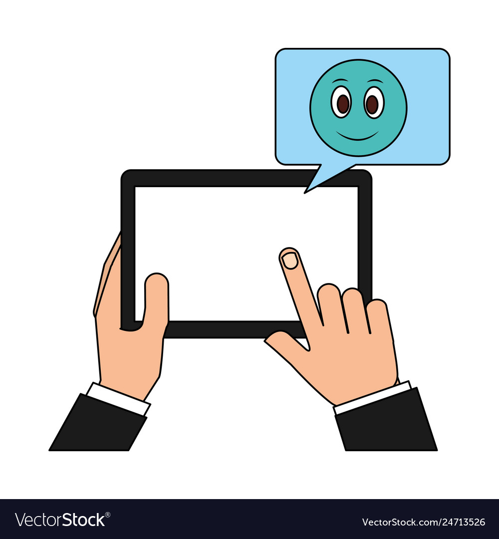 Hands with tablet device and emoji kawaii