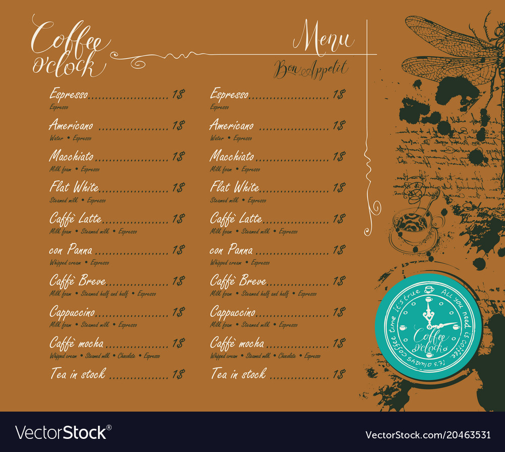 Coffee shop menu with price list and pictures